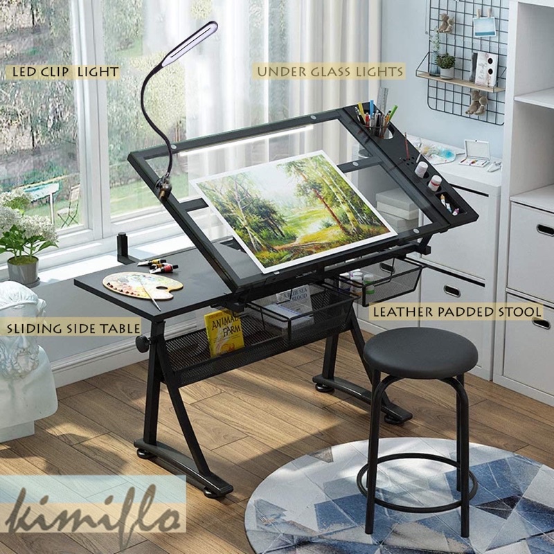 [ship daily] Glass Drafting table LED lights with extra side table
