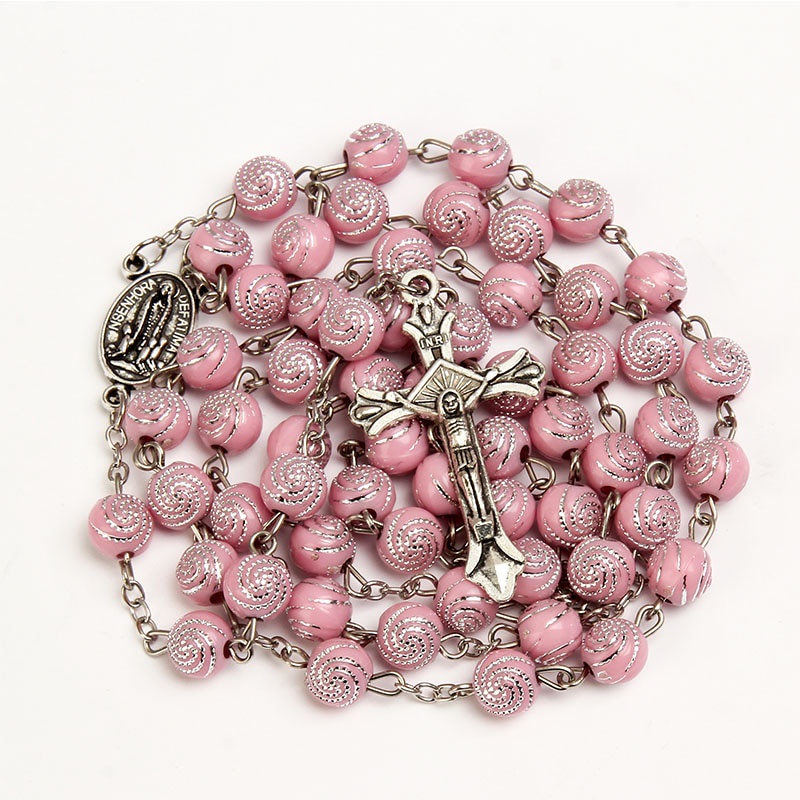 Classic 8mm spiral Catholic rosary necklace, Santa Maria prayer