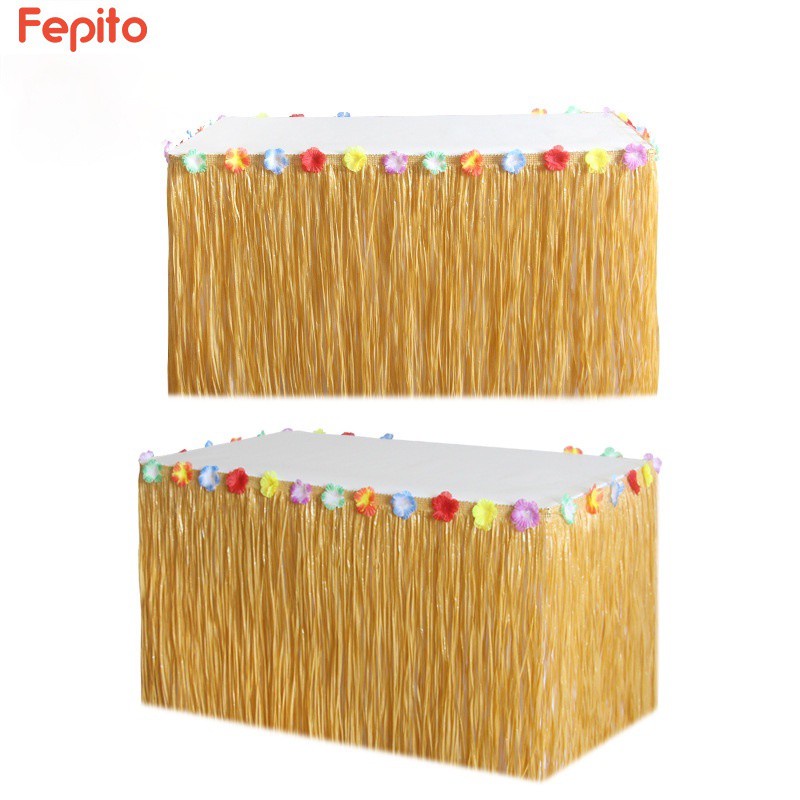FEPITO Artificial Grass Table Skirt Flower Inlaid Hawaiian Tropical