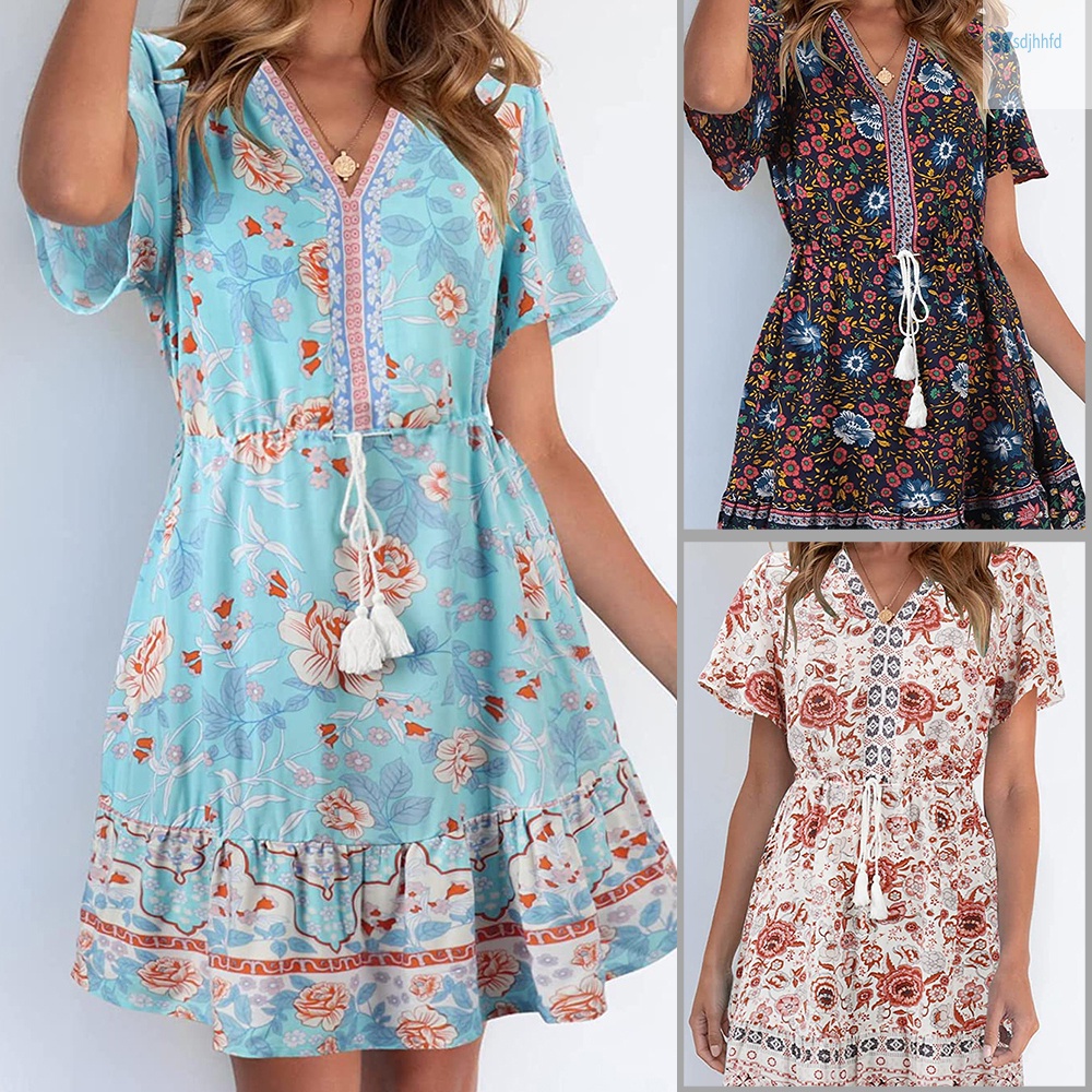 Women Summer Bohemian Dress Floral Print V Neck Loose Short Sleeve