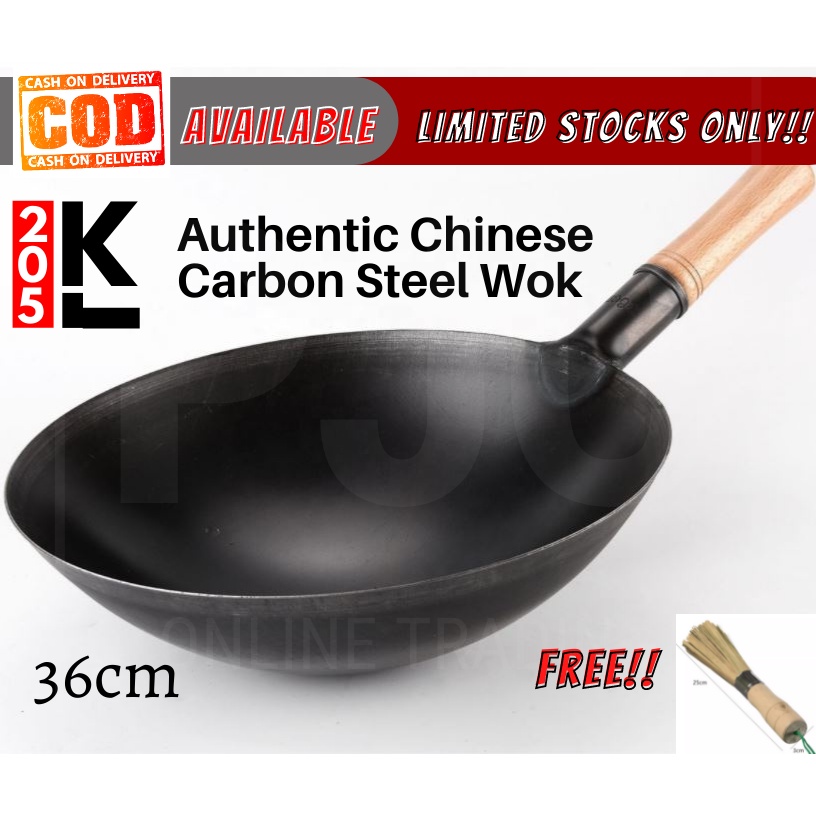 new36cm Pre seasoned Carbon Steel Wok Wooden Handle no coating