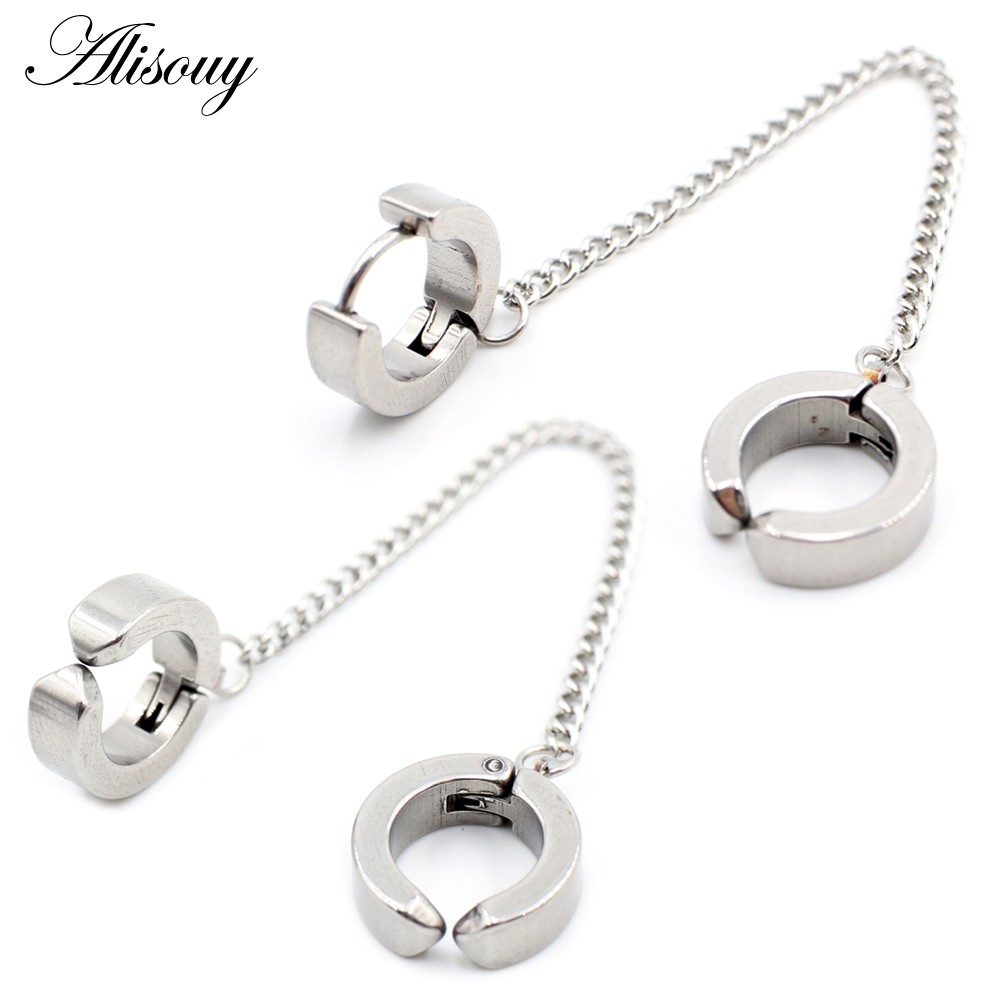 Alisouy 2PCS Gothic Stainless Steel Chain Clipon Fake Earrings Non