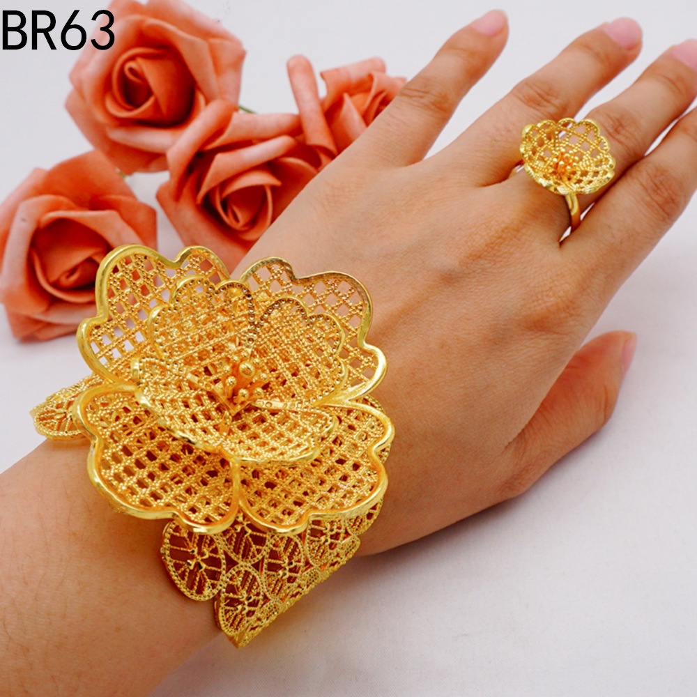 Luxury Copper Bridal Big Gold Bangle Bracelet Ring Set Women Wedding