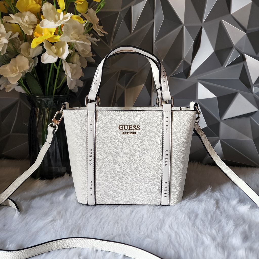 Guess Factory Adelle Mini Zip Tote Bag in White Pebble Leather with