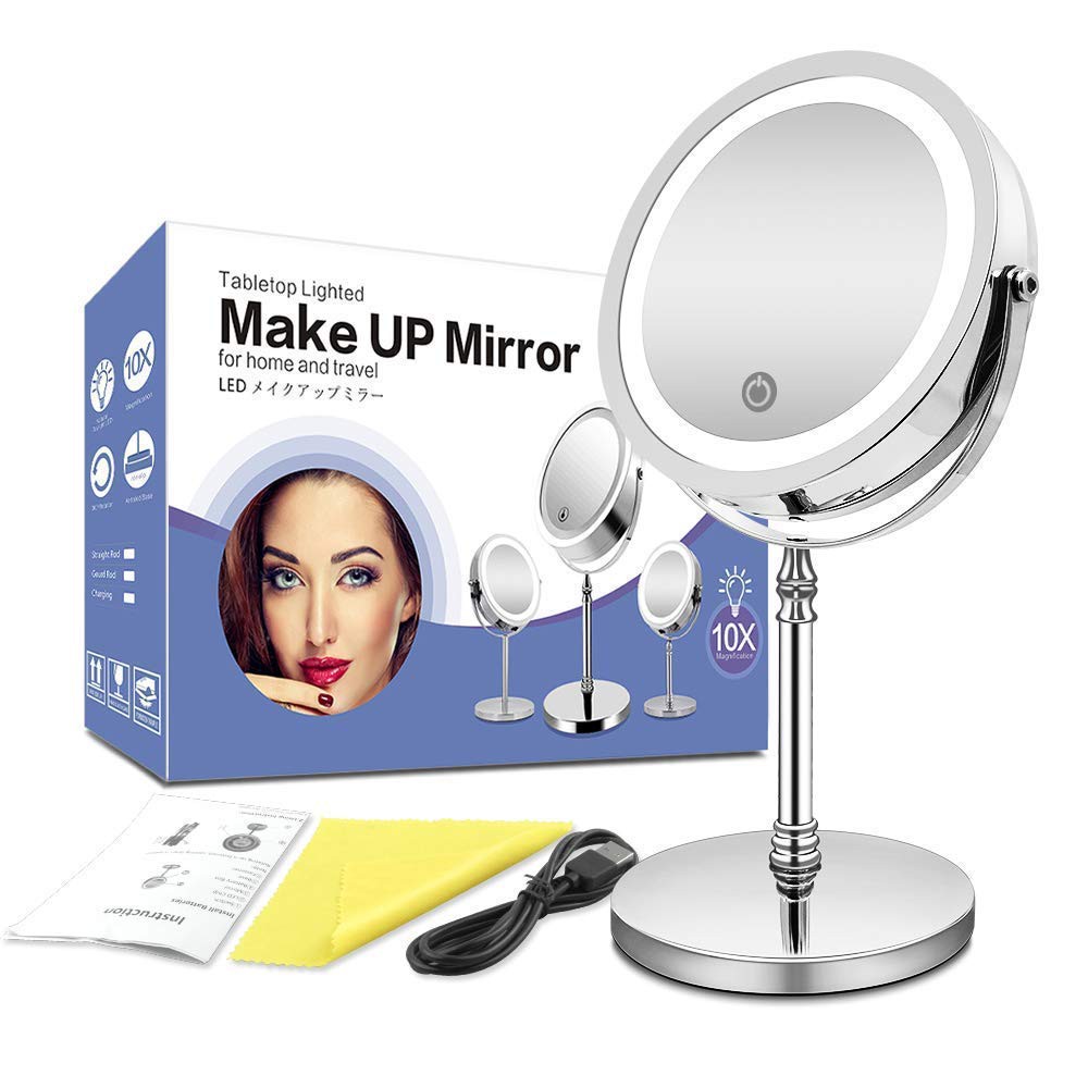 360 Rotation 1X/10X Magnifying Round Vanity Tabletop Makeup Mirror With