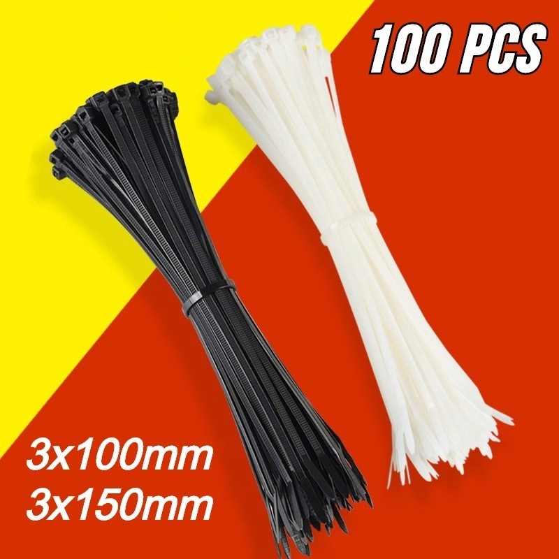 100Pcs Assorted Selflocking Nylon Cable Ties Black Plastic Zip Tie