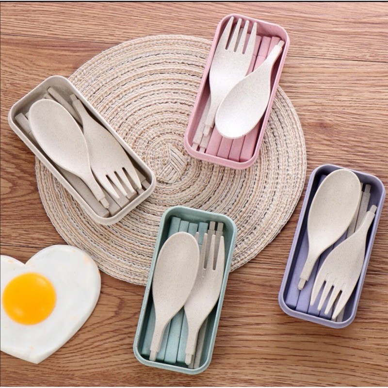 SJW 3pcs Set Reusable Folding Wheat Straw Chopstick Spoon Fork Cutlery