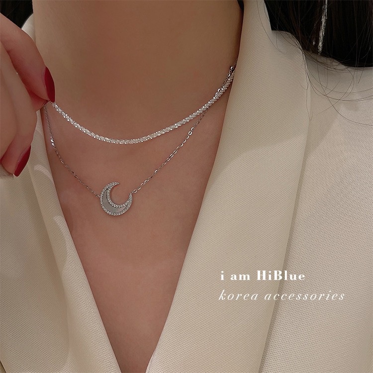 tala by kyla Dongdaemun Tik Tok Same Style Temperament DoubleLayer Necklace Moon Silver Wave