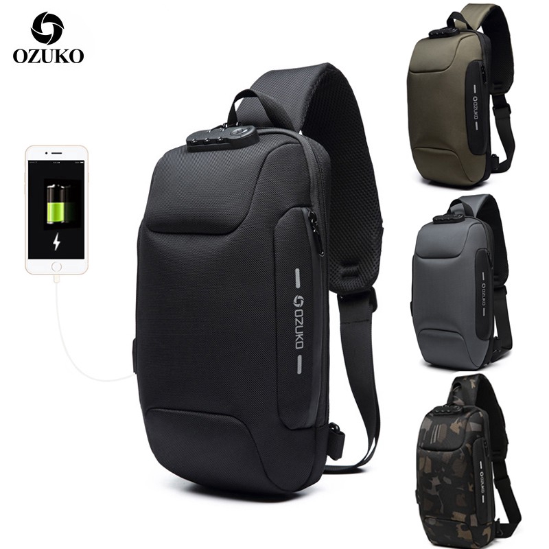 OZUKO Men Antitheft Lock Sling Bag Waterproof USB Crossbody Bag