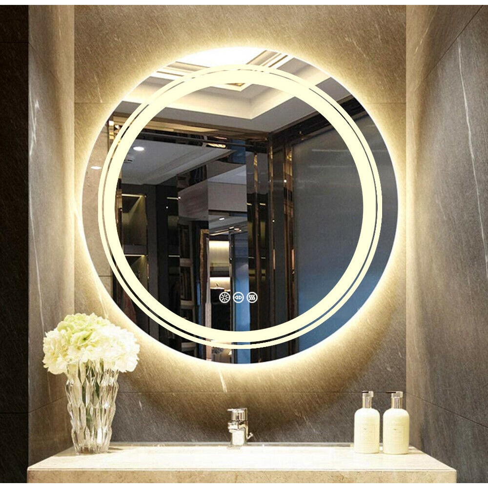60x60cm Large Round Bathroom Mirror LED Backlit Light Makeup Dimmable