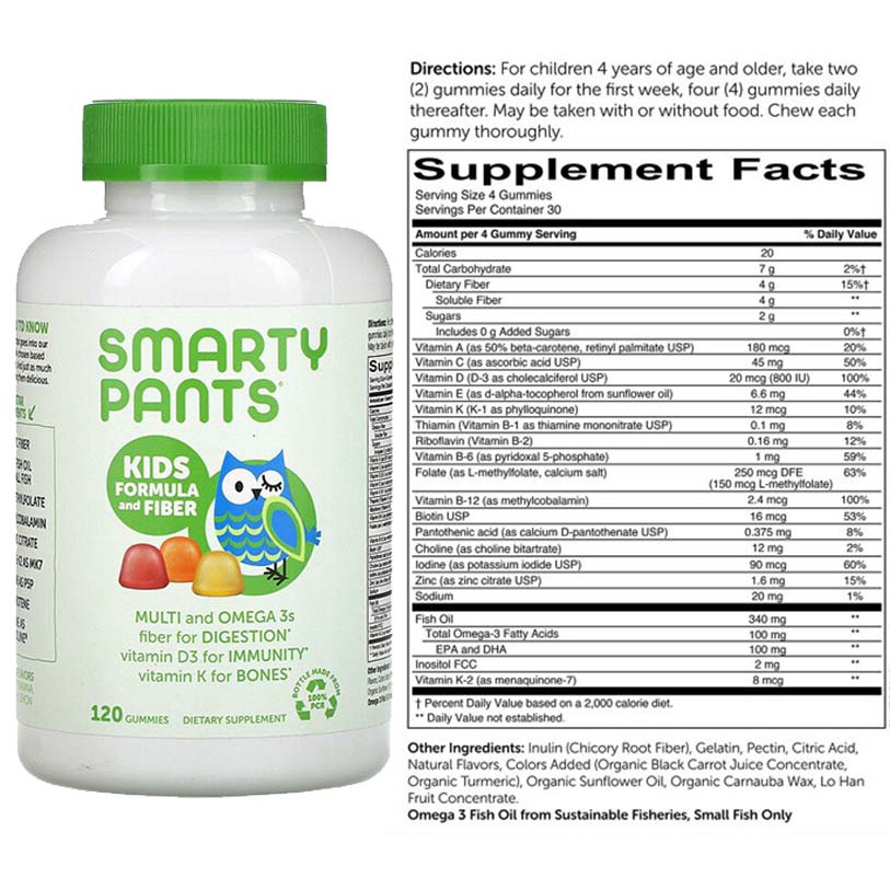 SmartyPants Kid Formula and Fiber, Vitamin A B C D E K Zinc Probiotic