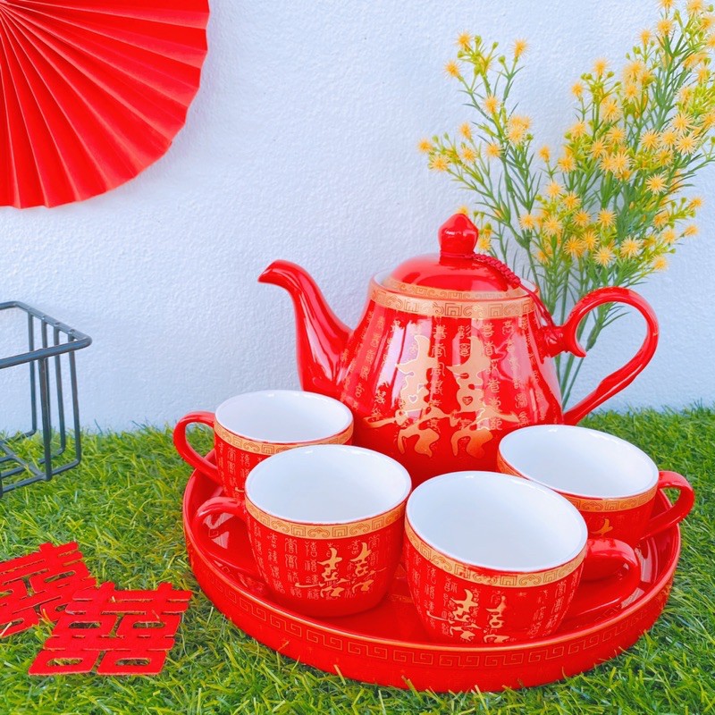 Wedding Tea Set Ceramic Red Toast Tea Cup Wedding Large Toast Teapot