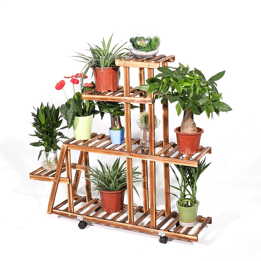 Wooden Plant Stands for Indoor Plants Corner Plant Stand with Wheels, Tiered Plant Shelf Indoor
