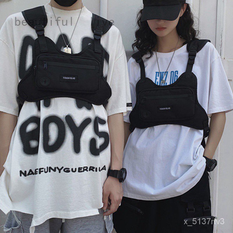Nylon Chest Rig Bag Black Vest Bag Black Hip Hop Streetwear Functional