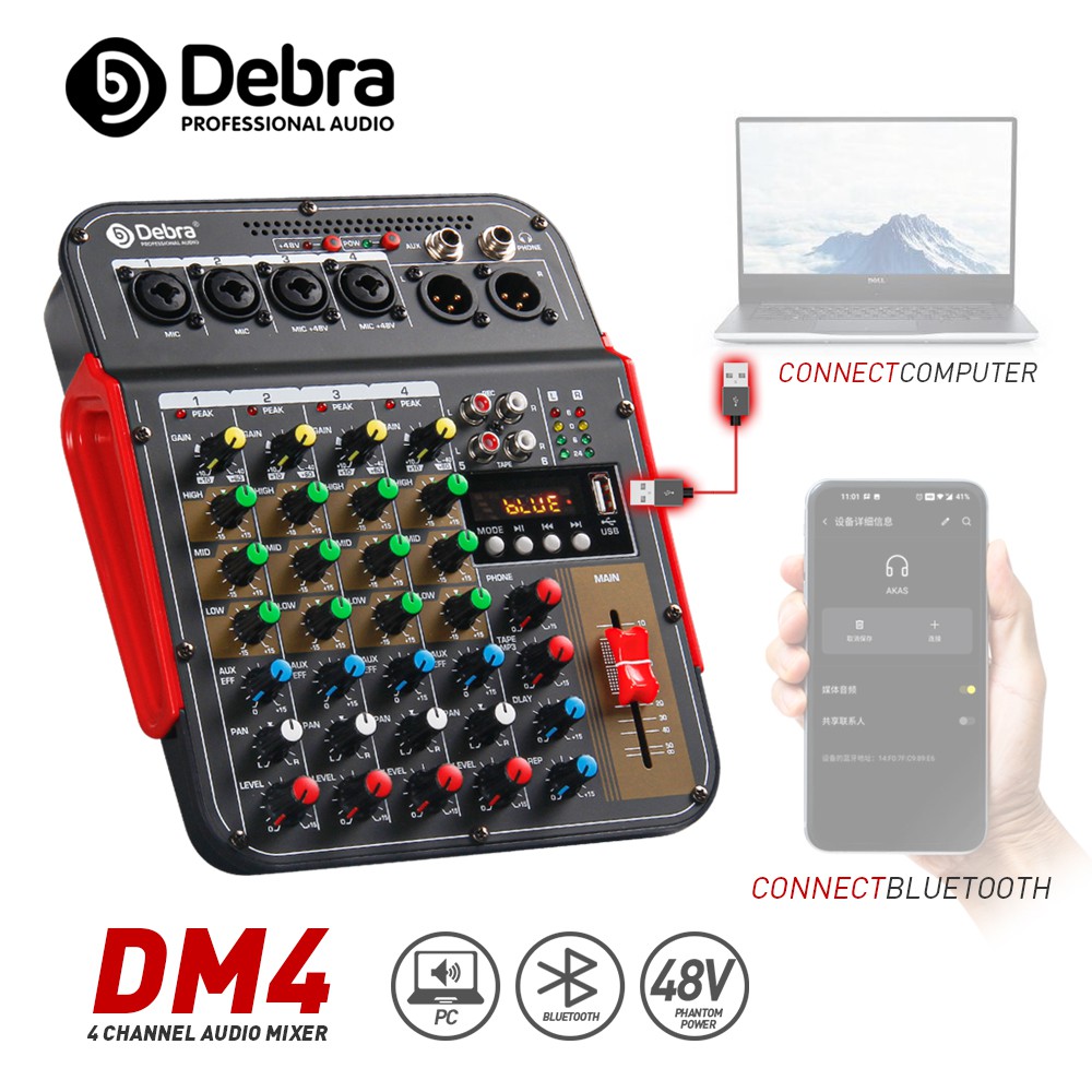 57Fb Debra Audio DM4 4 channel audio mixer DJ console with USB sound