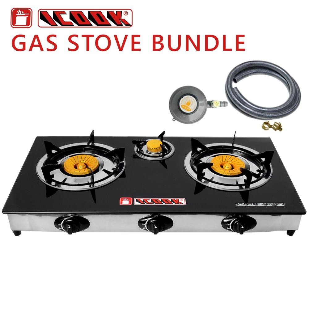 Triple Burner Tempered Glass Top Gas Stove Bundle (Gasul) iCook IC823