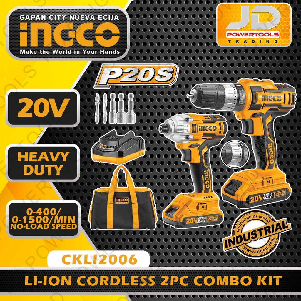 Ingco CKLI2006 LithiumIon Cordless COMBO KIT Cordless Drill + Impact