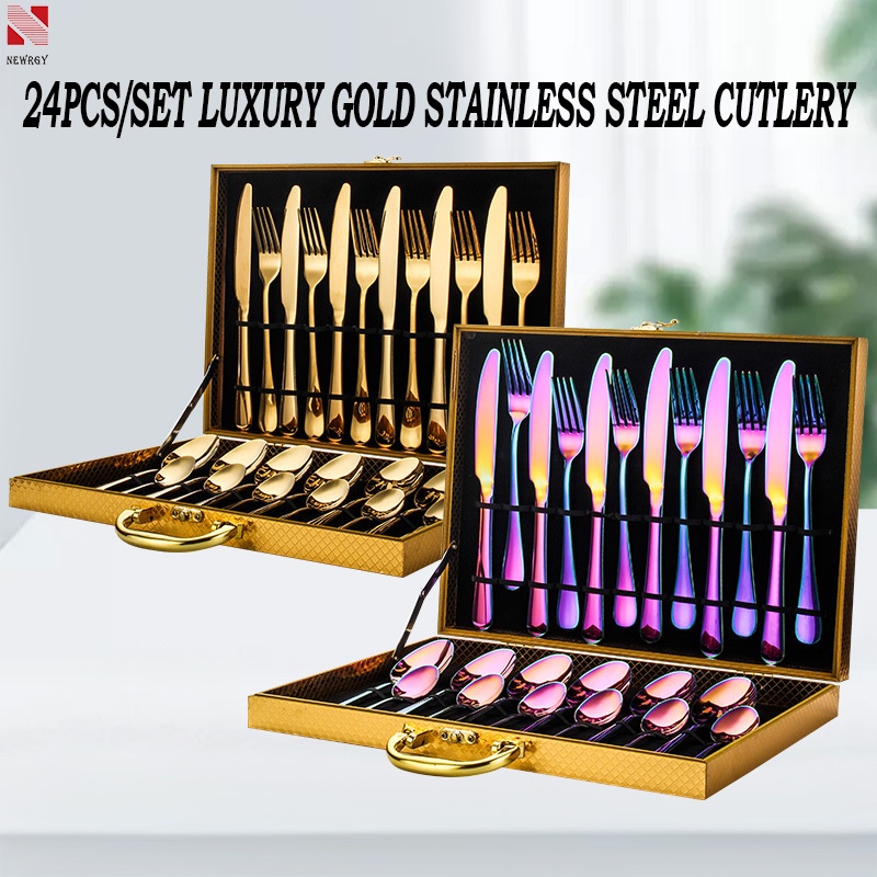 24 Pieces / Set Luxury Gold Cutlery Set Gold Plated Stainless Steel