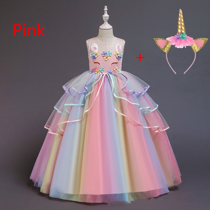 New Fashion Princess Dress Rainbow Unicorn Cosplay Girls Dress Birthday Long Dresses for Kids