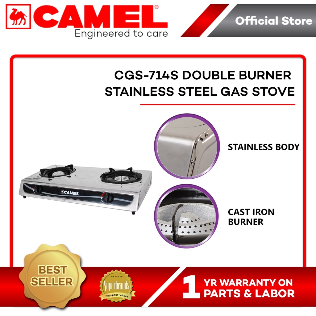 Camel CGS714S Double Burner Stainless Steel Gas Stove with Free Hose
