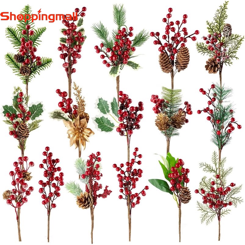 Christmas Artificial Flower Cherry Stamen Pearl Branches Mixed Berries