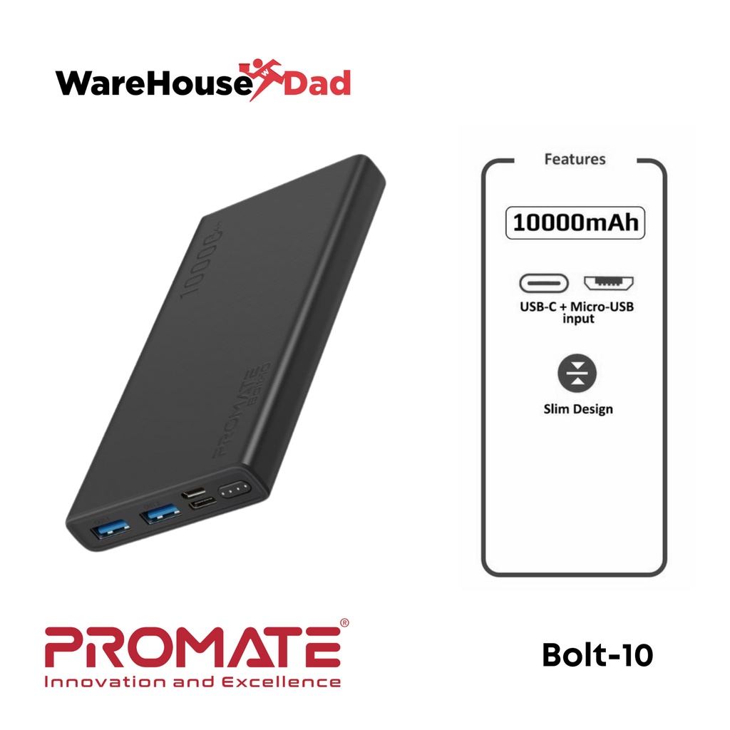 Promate Bolt10 Compact Smart Charging Power Bank with Dual USB Output