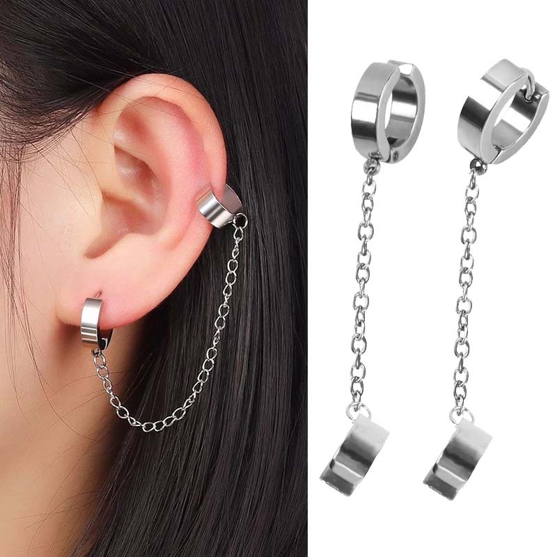 1Pc Punk Stainless Steel Chain Clip Earring Hip Hop Street Cool Tassel