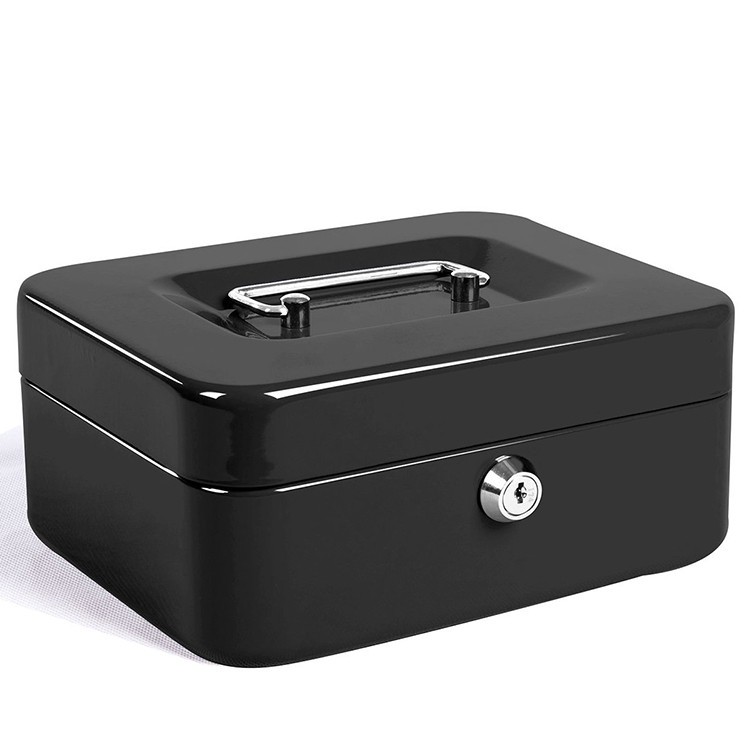 Cash box with lock, metal cash box, 100 safe, black, full size
