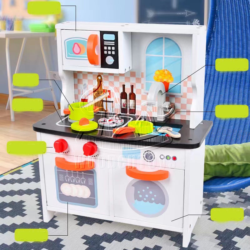 Kids Mini White Wooden Kitchen play set BUDGET TYPE COMPLETE SET