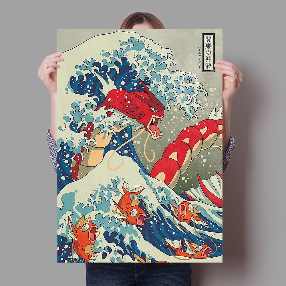 Japanese Great Wave Gyarados Pokemon Canvas Oil Painting Vintage