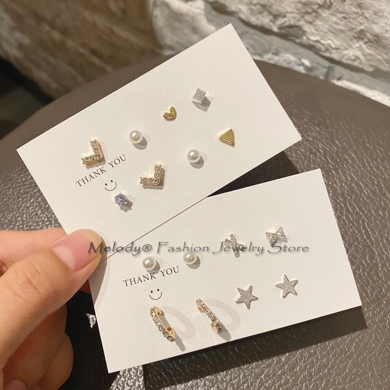 8pcs Stud Earrings for Women Piercing Earrings Set Small Crystal Hikaw