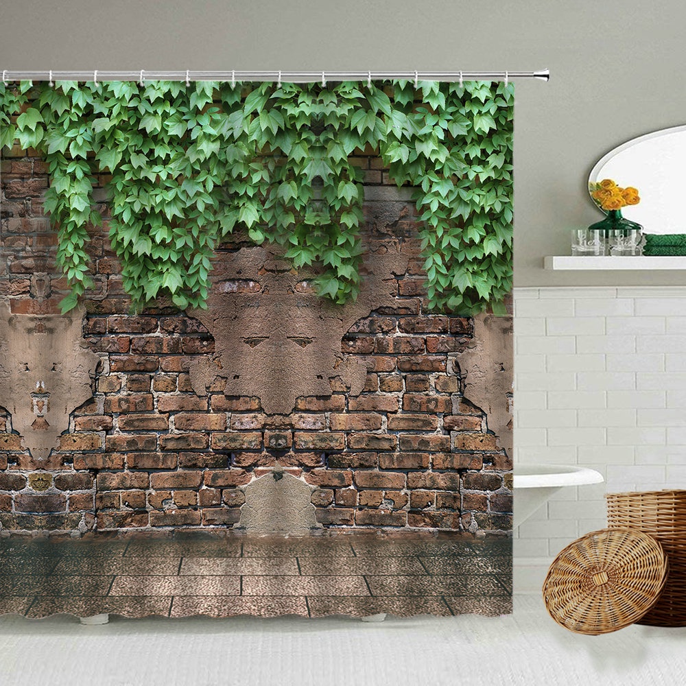 Green Ivy Old Stone Wall Shower Curtain Garden Potted Flower Plants