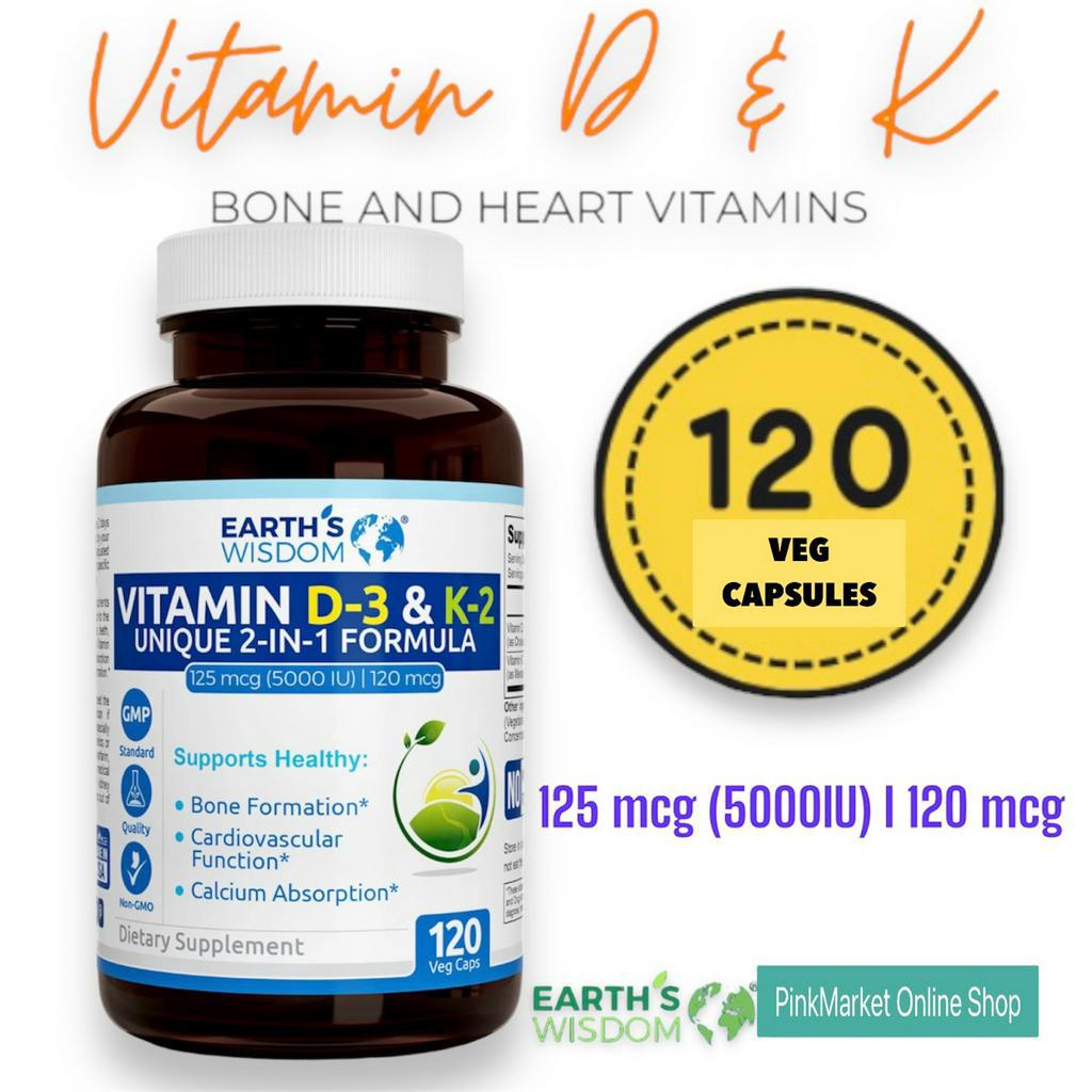 Earths Wisdom Vitamin D3+K2, Vitamin D3 125 mcg (5000 IU) with 120 mcg