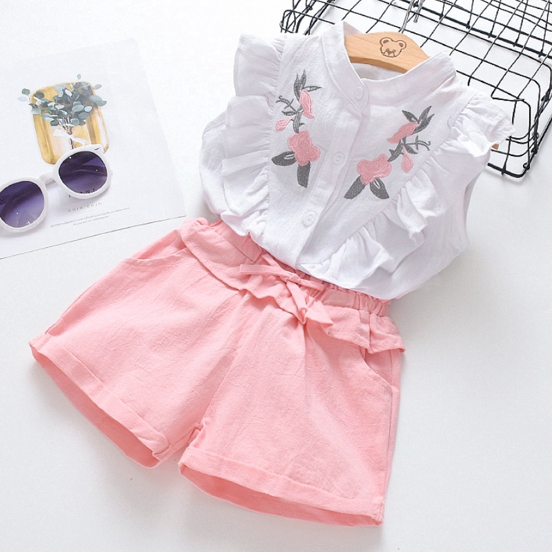 2023 New Kids Baby Girls Summer Outfits Lace Tops Floral Shorts Clothes