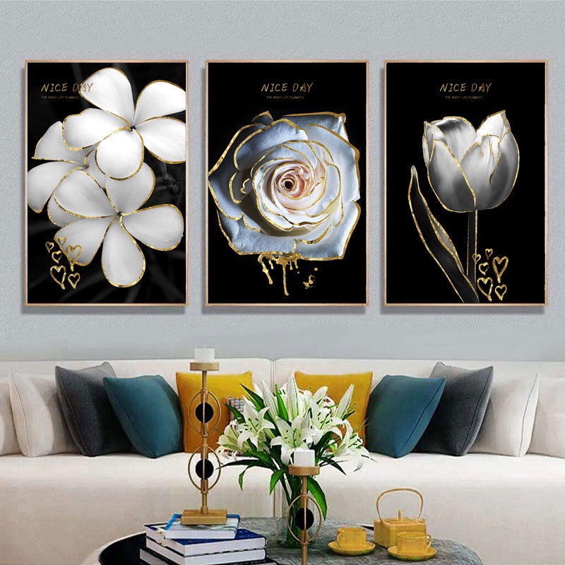 Flower Wall Posters and Prints White Gold Wall Art for Living Room