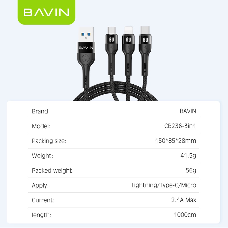 BAVIN CB2363 3in1 Fast Charging Braided Cable 18W High Density Safe