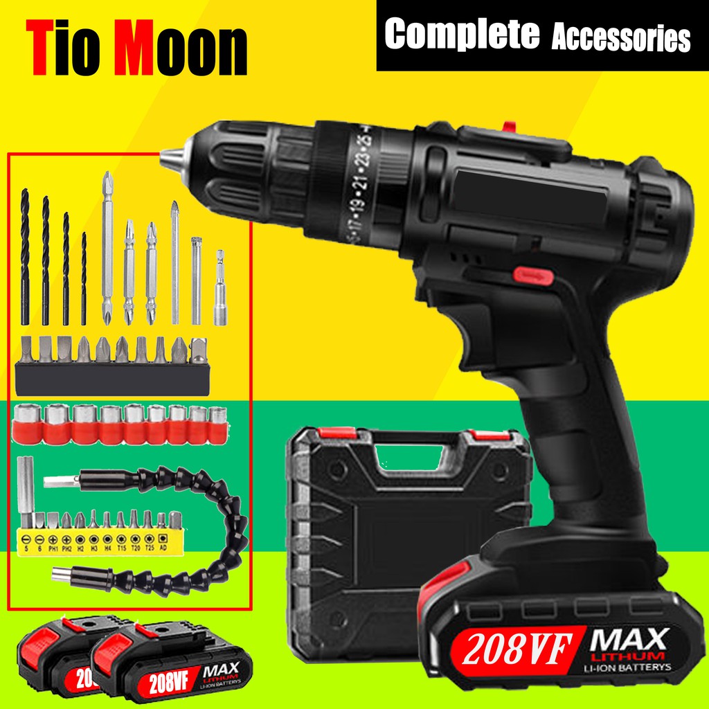 208VF Cordless DC Electric Drills DoubleSpeed With 2 Liion Batteries Drill Driver Kit Set With
