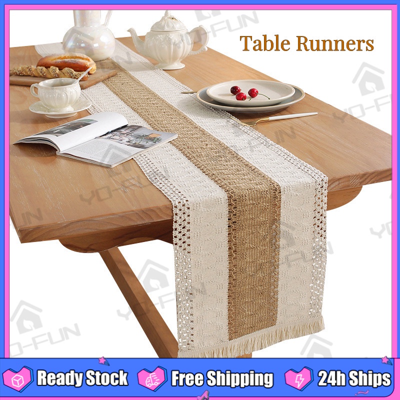 Table Runners Farmhouse Boho Long Table Runner Modern Decor Rustic Woven Cotton Crochet Lace