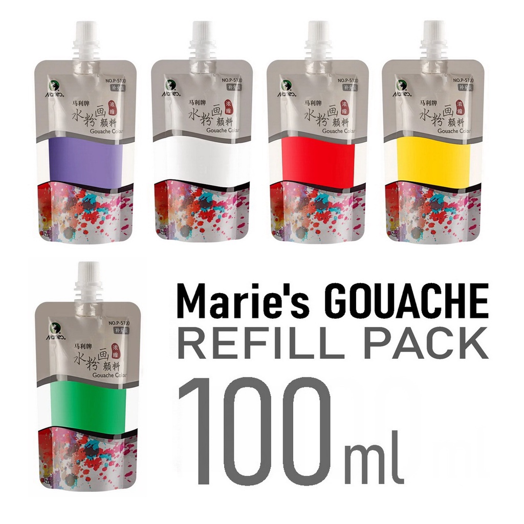 MARIE'S Gouache WHITE & other colors REFILL Pack 100ml Gouache paint