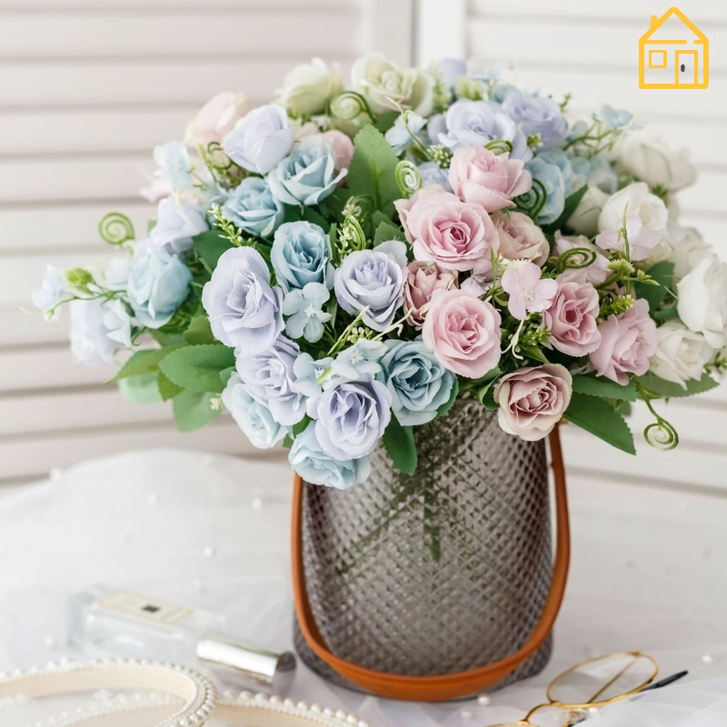 Artificial Silk Pink Roses Bouquet /10 Big Heads Fake Flowers /Family