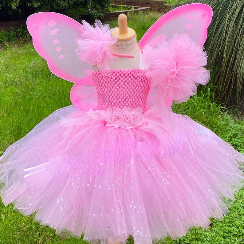 Baby Girls Pink Fairy Dress Kids Glitter Tutu Flower Dresses with Wing