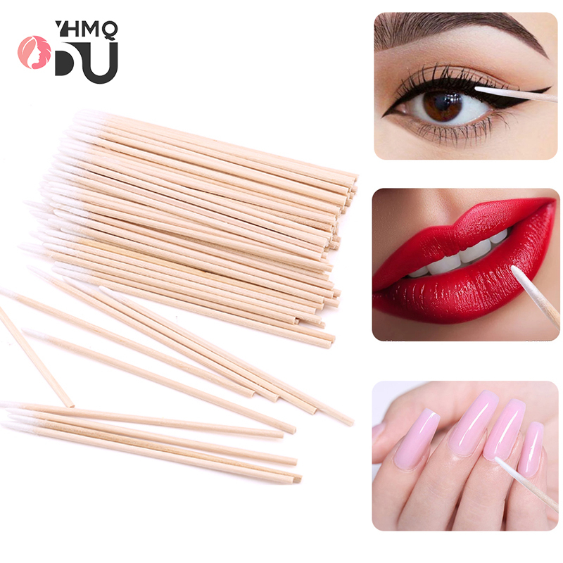 100Pcs Wooden Cotton Swabs Stick for Eyelash Extension Eyebrow Lips