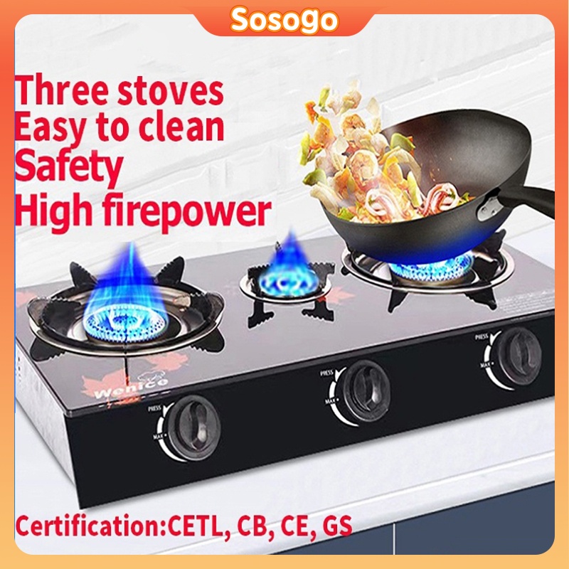 Three stoves Burner Gas Stove Tempered Glass top electronic ignition