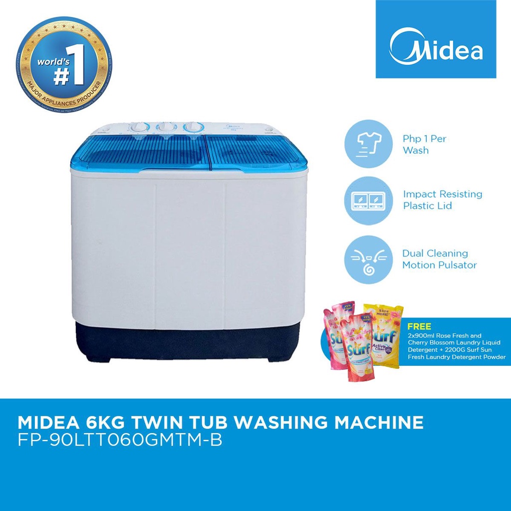 Midea 6.0 KG Twin Tub Washing Machine Dual Cleaning Motion. FP