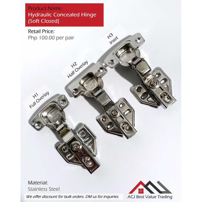 Hydraulic Concealed Hinges (Soft Closed) H1(Full Overlay), H2(Half
