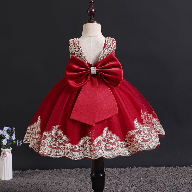 Christmas Red Dress for 1 Year Old Baby Girl Princess Embroidery Lace
