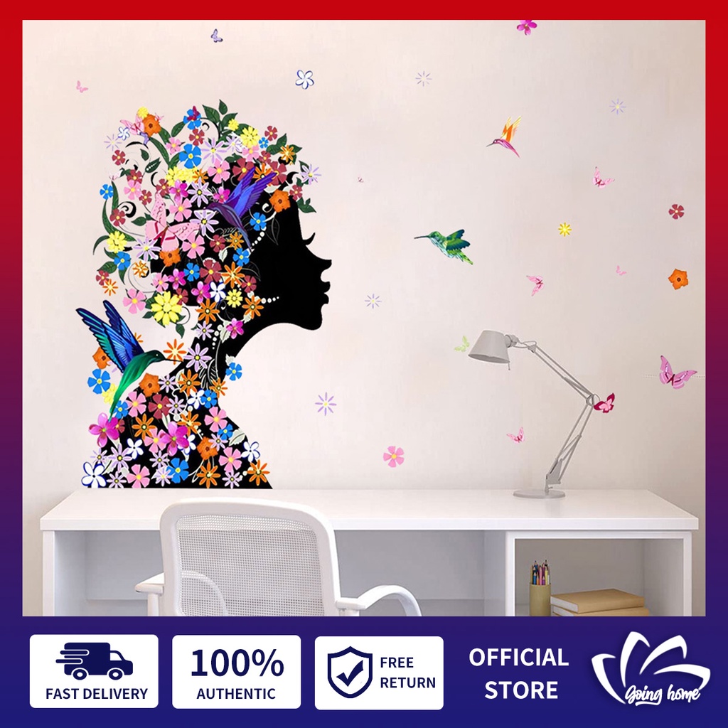 Wall Stickers Girl with Flower Bird Butterfly Wall Decals Removable Flower Fairy Wallpaper for