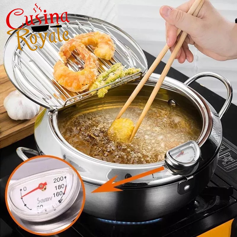 Japanese Deep Frying Pot with a Thermometer and a Lid 304 Stainless