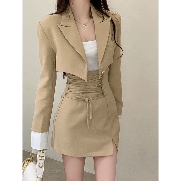 Korean set simple stitching long sleeve blazer + high waist mini skirt