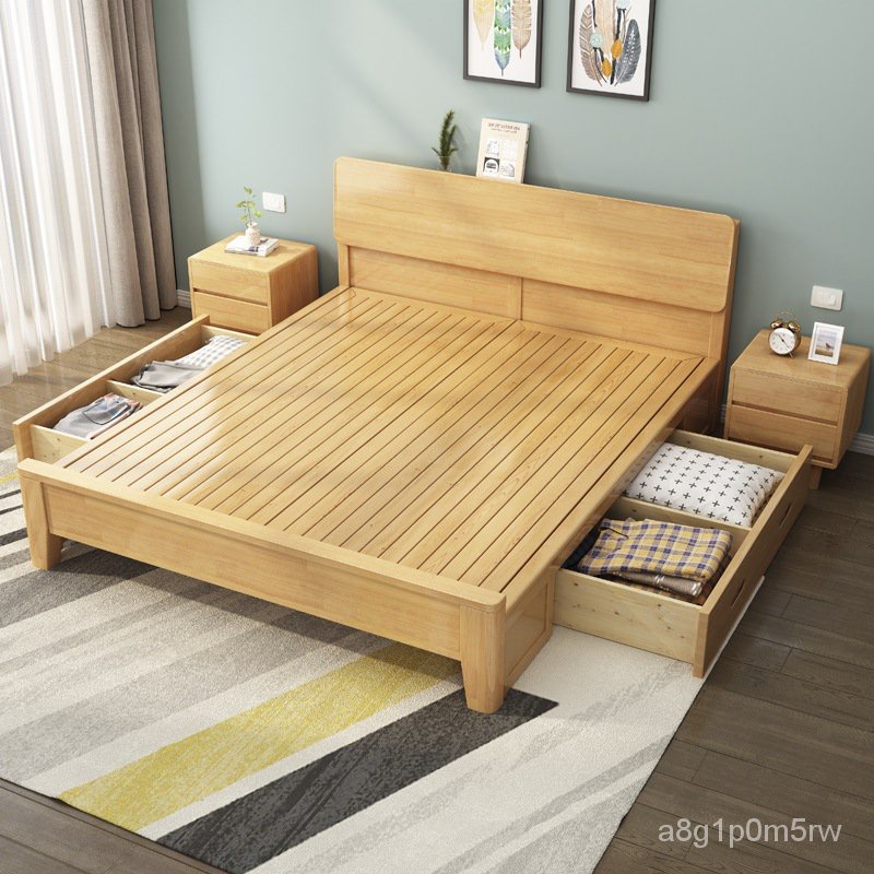 Nordic Style1.8Rice1.5Solid Wood Marriage Bed Wood Color Rubber Wood